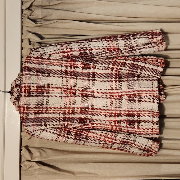 ZARA NEW WOMAN TWEED JACKET WITH GEM BUTTON BLAZER ECRU/RED TARTAN Size us.small - Picture 7 of 15